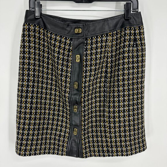 Talbots Plaid Mini Skirt 10P Wool Tweed Faux Leather Trim  Black Brown Vintage - Picture 1 of 6